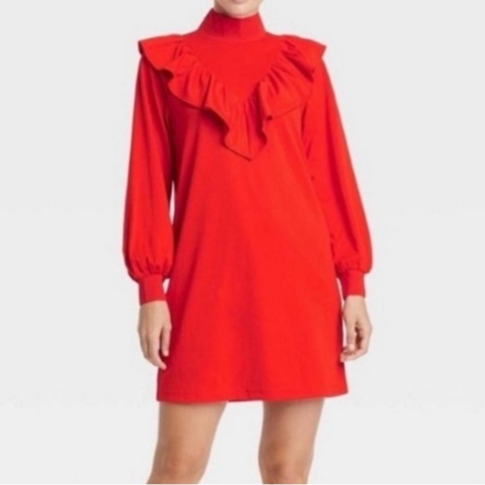 WHO WHAT WEAR Ruffled Mock Neck Sheath Dress